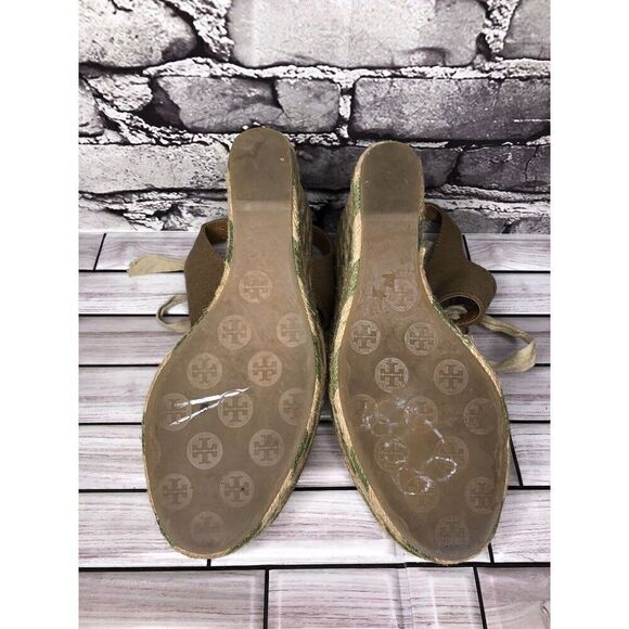 Tory Burch Taupe Canvas Textile Green Tan Espadrilles Wedge Women Sz 10M US/41EU - Picture 8 of 15